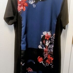 Vera Wang Black and Blue Floral Asymmetrical Dress with Red Accents